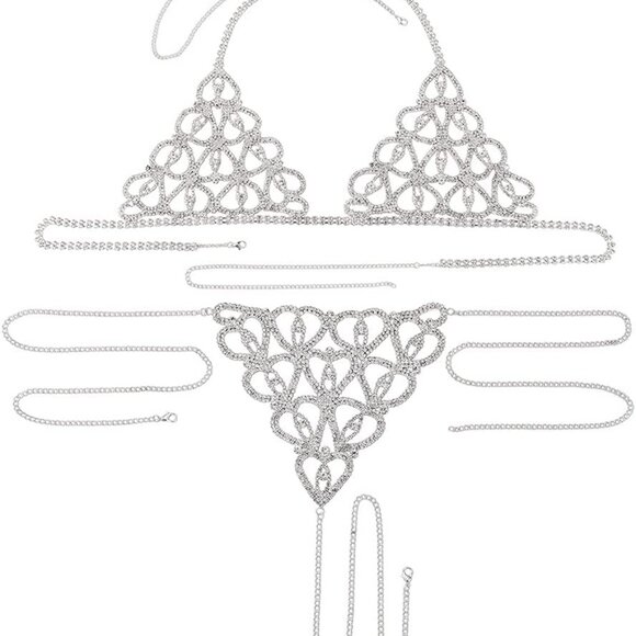 Silver Rhinestones Body Chain Bikini Set Adjustable Party Dance Jewelry - Picture 2 of 7